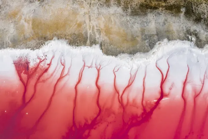 Framed Print : Aerial view of patterns of salty pink lake. Pink Salt Lake Hutt Lagoon
