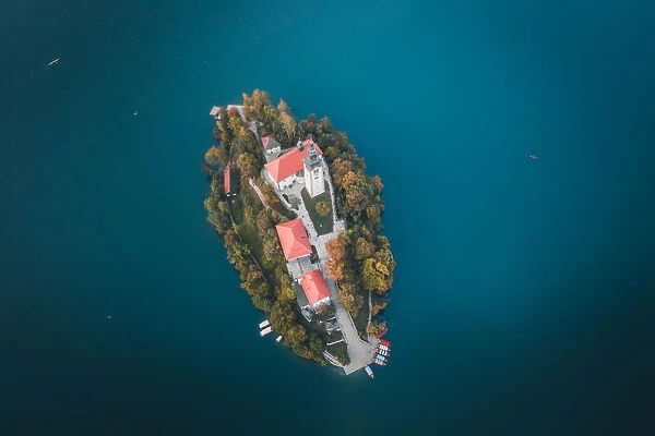 Aerial view of the Pilgrimage Church of the Assumption of Maria on Bled Island in Bled