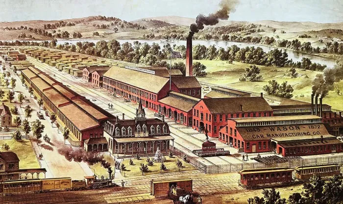 Framed Print : Aerial view of a railway car company 1872 Framed Print : Aerial view of a railway car company 1872