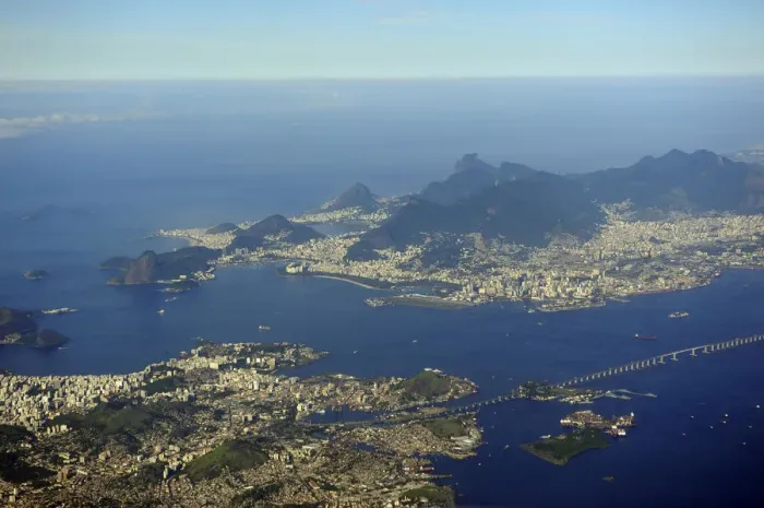 Framed Print : Aerial view of Rio de Janeiro, Niteroi and Bahia de Guanabara, Guanabara Bay, Brazil, South America