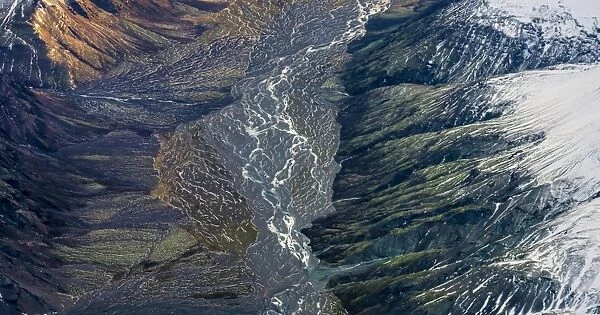 Aerial view of river bed in a valley, Iceland