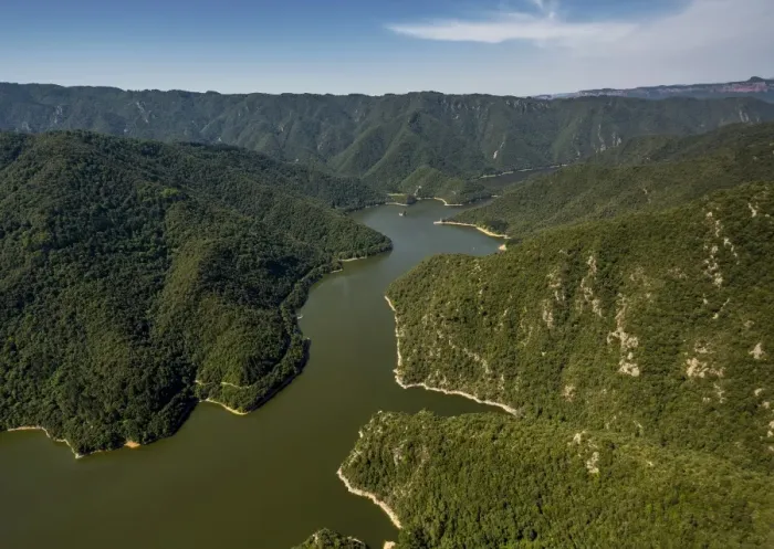 Framed Print : Aerial view, river Ter, Riu Ter, Susqueda Reservoir, Panta de Susqueda, Osor, Catalonia, Spain