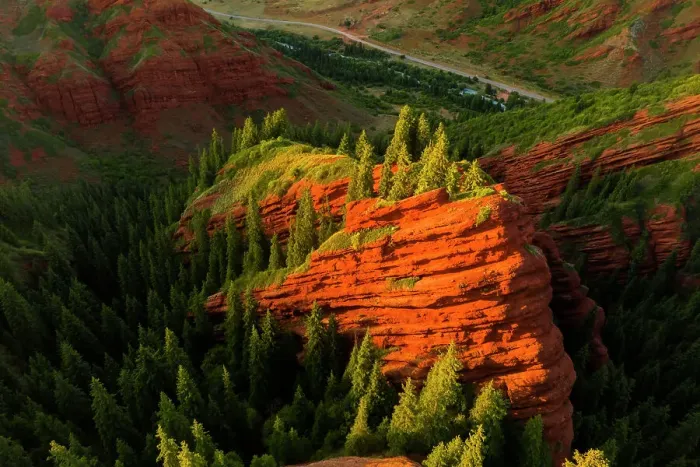 Framed Print : Aerial view of rock formation Dzhety-Oguz at sunset. Seven Bulls, Karakol in Kyrgyzstan Framed Print : Aerial view of rock formation Dzhety-Oguz at sunset. Seven Bulls, Karakol in Kyrgyzstan