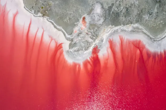 Framed Print : Aerial view of the salty pink lake. Pink Salt Lake Hutt Lagoon