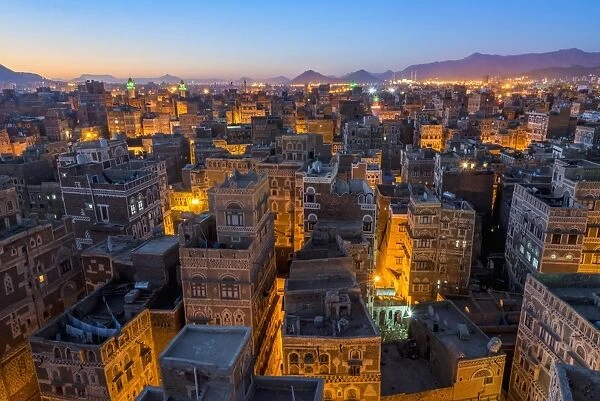 Aerial view of Sanaa cityscape at twilight, Yemen