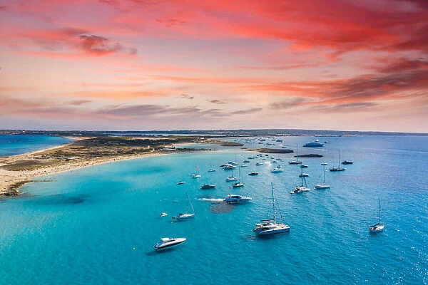 Aerial view of the sand beach and turquoise water of Formentera, Ibiza