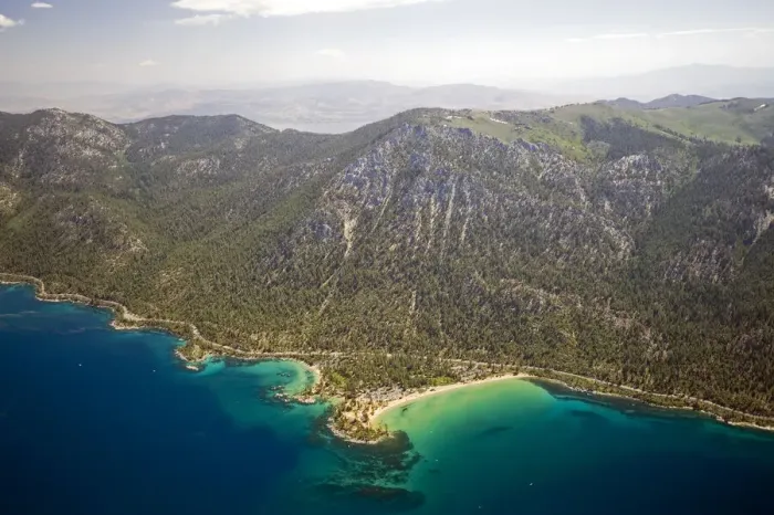 Framed Print : An aerial view of Sand Harbor on the east shore of Lake Tahoe in the summer, Nevada Framed Print : An aerial view of Sand Harbor on the east shore of Lake Tahoe in the summer, Nevada