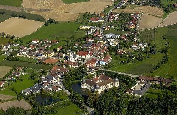 Aerial view, Schloss Aistersheim, moated castle from the late Renaissance, Aistersheim, Upper Austria, Austria