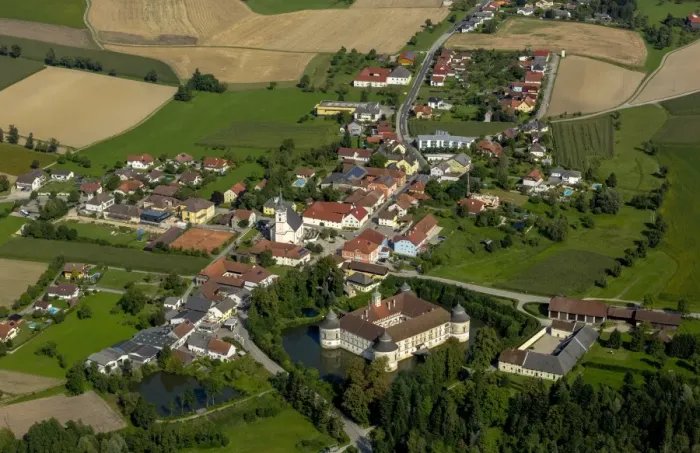 Framed Print : Aerial view, Schloss Aistersheim, moated castle from the late Renaissance, Aistersheim, Upper Austria, Austria Framed Print : Aerial view, Schloss Aistersheim, moated castle from the late Renaissance, Aistersheim, Upper Austria, Austria