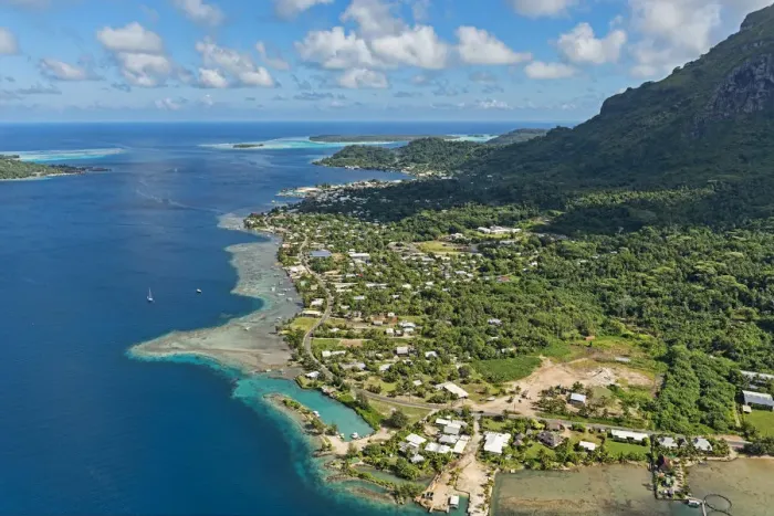 Framed Print : Aerial view, settlement on the coast, Bora Bora, French Polynesia