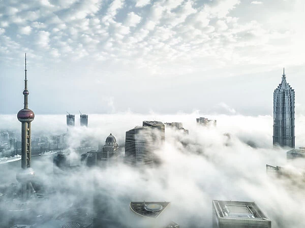 Aerial View of Shanghai Lujiazui Financial District in Fog