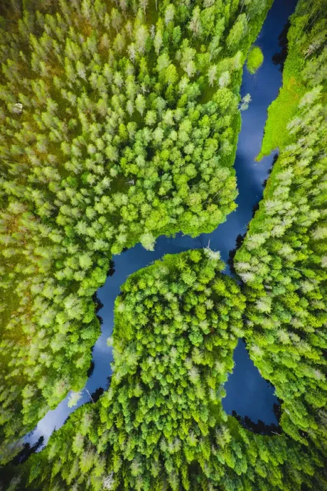 Framed Print : Aerial view of a small river flowing through marshland in Finland Framed Print : Aerial view of a small river flowing through marshland in Finland