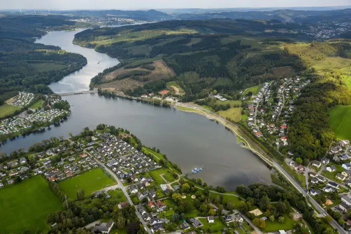 Framed Print : Aerial view, Sorpe Dam, southern shore, Sundern, Amecke, Sauerland, North Rhine-Westphalia, Germany Framed Print : Aerial view, Sorpe Dam, southern shore, Sundern, Amecke, Sauerland, North Rhine-Westphalia, Germany