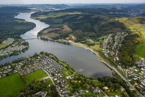 Aerial view, Sorpe Dam, southern shore, Sundern, Amecke, Sauerland, North Rhine-Westphalia, Germany