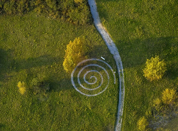 Aerial view, spiralling path, quarries with a health trail, Geseke, North Rhine-Westphalia, Germany