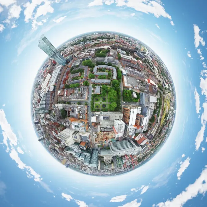 Framed Print : Aerial View of St Johns Gardens in Manchester, UK
