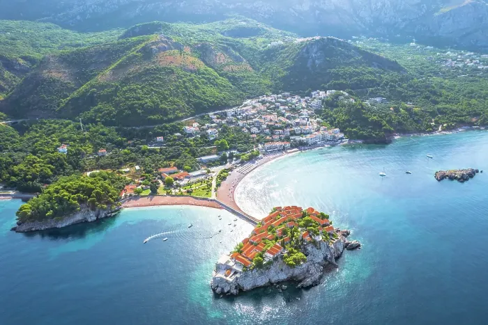 Framed Print : Aerial view of Sveti Stefan island, Budva, Montenegro Framed Print : Aerial view of Sveti Stefan island, Budva, Montenegro