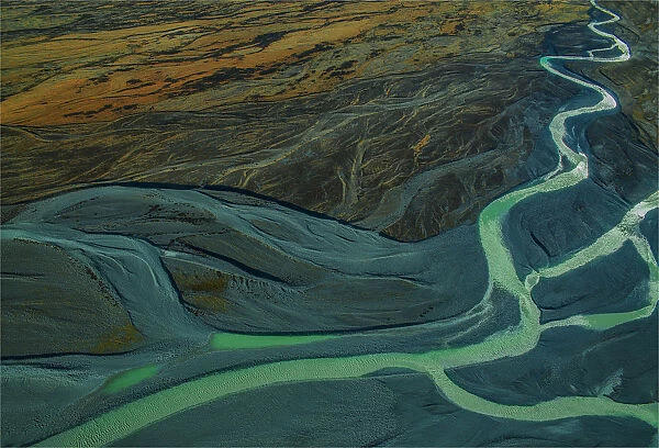 Aerial view, Tasman Glacial river, Mount Cook National Park, South Island of New Zealand