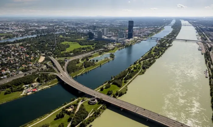 Framed Print : Aerial view, Tech Gate Vienna, science and technology park, high-rise high-rise building on the Danube River, Vienna, Austria
