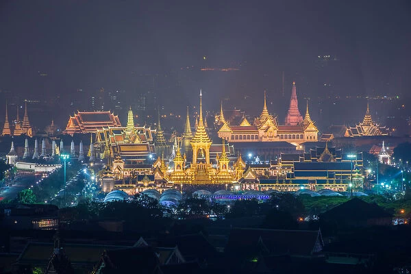 Aerial View of Thailand Grand palace and Wat Phra Kaew famous place with Wat Arun Temple in bangkok yai area. Thailand Royal Crematorium for King of thailand Bhumibol Adulyadej at Sanam Luang Park in Bangkok, Thailand