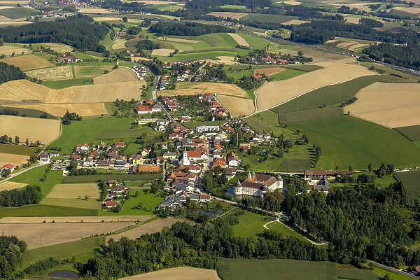 Aerial view, townscape with castle Aistersheim, Aistersheim, Upper Austria, Austria
