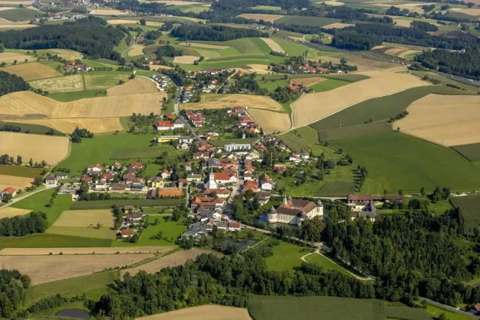 Framed Print : Aerial view, townscape with castle Aistersheim, Aistersheim, Upper Austria, Austria Framed Print : Aerial view, townscape with castle Aistersheim, Aistersheim, Upper Austria, Austria