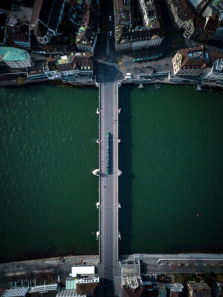 Aerial view, Tram crossing Middle Bridge Basel