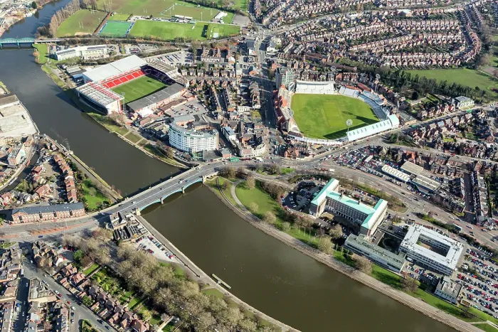 Framed Print : Aerial view of Trent Bridge Cricket Ground and The City Ground, Nottingham City Framed Print : Aerial view of Trent Bridge Cricket Ground and The City Ground, Nottingham City