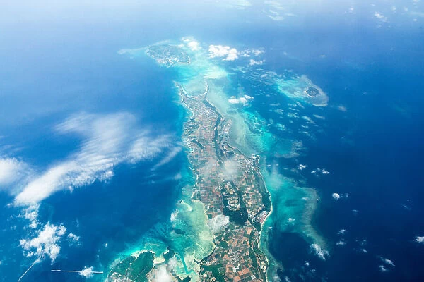 Aerial view of tropical island with coral reefs, Miyako-jima, Okinawa, Japan
