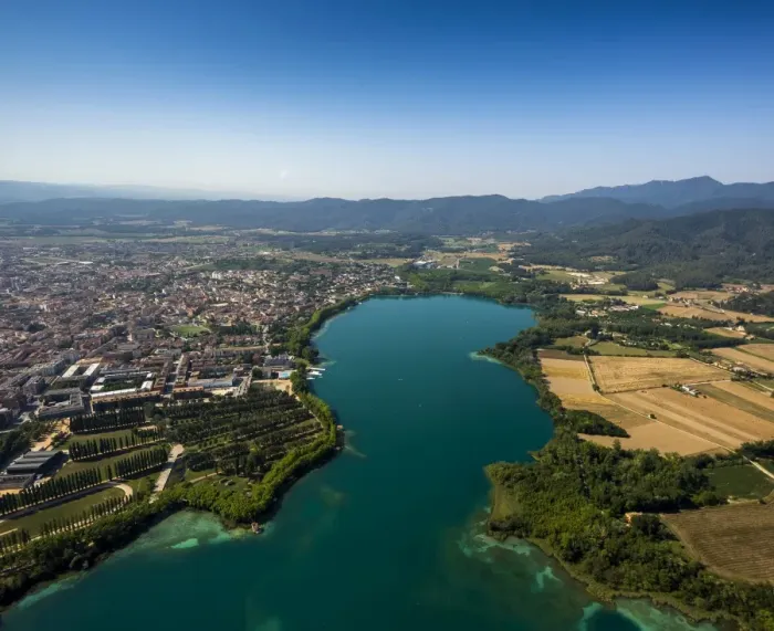 Framed Print : Aerial view, view of the city of Banyoles on the Lake of Banyoles, Costa Brava, Catalonia, Spain Framed Print : Aerial view, view of the city of Banyoles on the Lake of Banyoles, Costa Brava, Catalonia, Spain