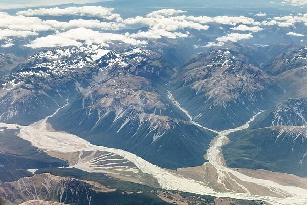 Aerial view, Waimakairi River with Arthurs Pass and the surrounding mountains of the Southern Alps, Arthurs Pass, Canterbury Region, New Zealand