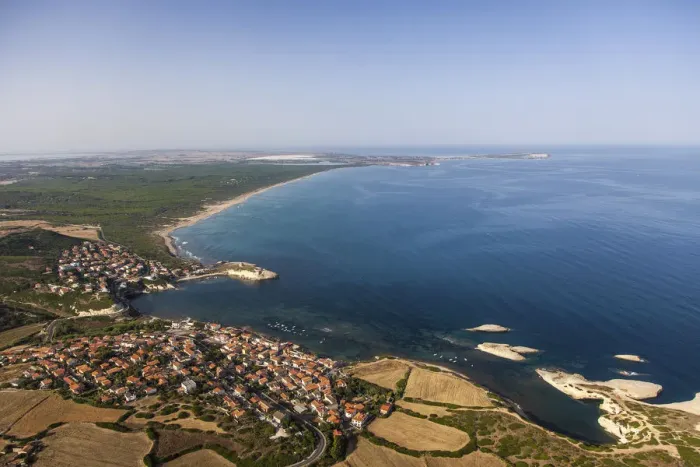 Framed Print : Aerial view, west coast, village ofs Archittu, Sardinia, Italy