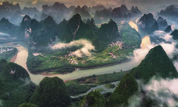 The aerial view at Xianggang hill, Yangshuo, Guilin, Guangxi, China