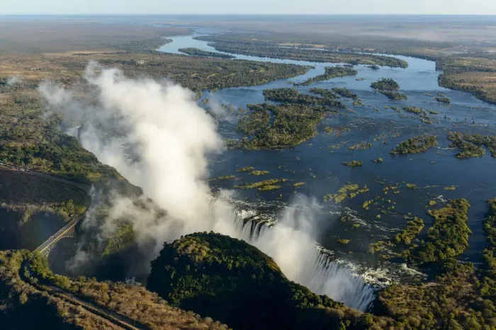 Framed Print : Aerial view of Zambezi River and Victoria Falls. Livingstone. Zambia