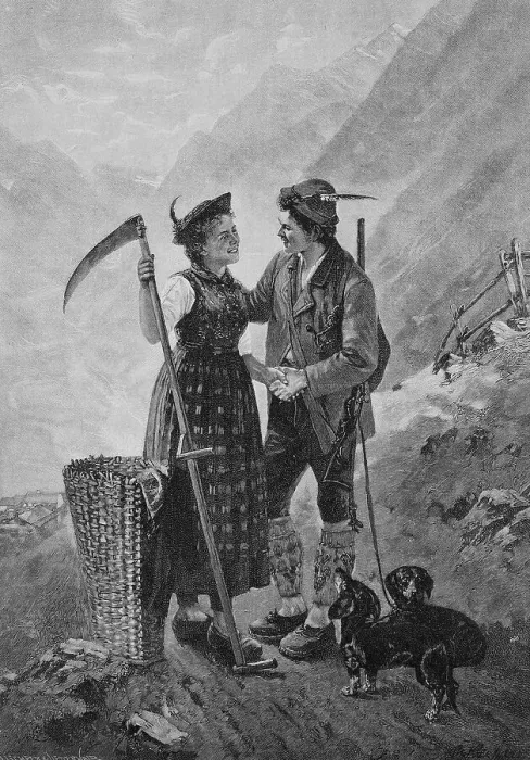 Framed Print : Affectionate meeting of a farmer's woman with a scythe and a grass basket and a hunter with a rifle and two dachshunds, 1880, Bavaria, Germany, Historic, digital reproduction of an original from the 19th century, original date not known Framed Print : Affectionate meeting of a farmer's woman with a scythe and a grass basket and a hunter with a rifle and two dachshunds, 1880, Bavaria, Germany, Historic, digital reproduction of an original from the 19th century, original date not known
