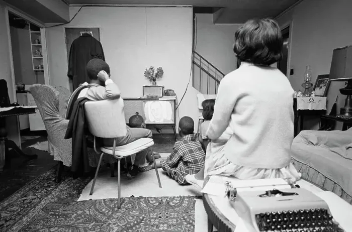 : African American Family Watching President Johnson on TV : African American Family Watching President Johnson on TV