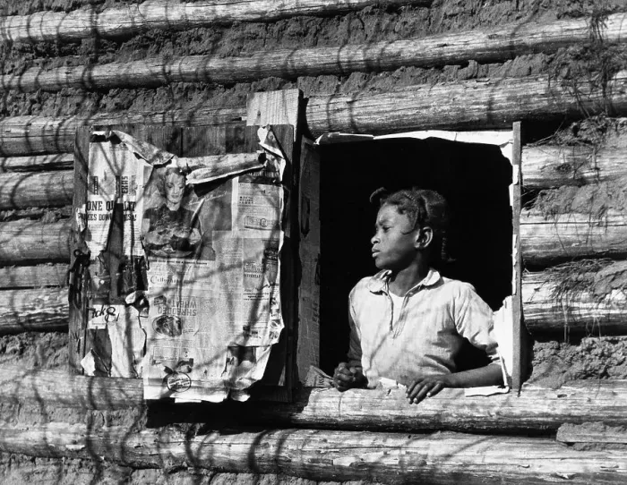 Framed Print : African American Girl Posing in Log Cabin Window Framed Print : African American Girl Posing in Log Cabin Window
