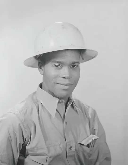 Framed Print : African-American man wearing work shirt and hard hat, portrait Framed Print : African-American man wearing work shirt and hard hat, portrait
