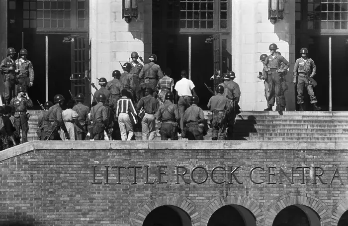 Framed Print : African American Students Enter High School with Military Escort Framed Print : African American Students Enter High School with Military Escort