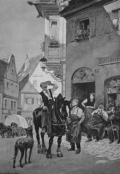 After-work drink, man on his way home from work has a mug of beer given to him in the pub and drinks it without getting off the horse, 1887, Germany, Historical, digital reproduction of an original 19th century original, original date not known