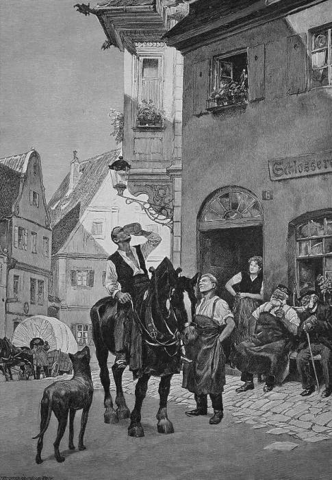 Framed Print : After-work drink, man on his way home from work has a mug of beer given to him in the pub and drinks it without getting off the horse, 1887, Germany, Historical, digital reproduction of an original 19th century original, original date not known Framed Print : After-work drink, man on his way home from work has a mug of beer given to him in the pub and drinks it without getting off the horse, 1887, Germany, Historical, digital reproduction of an original 19th century original, original date not known