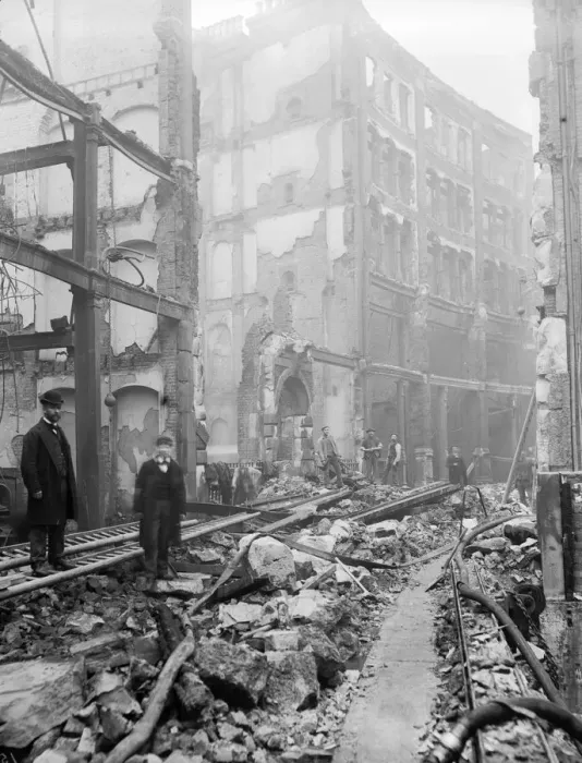 Framed Print : Aftermath. circa 1900: Fire damaged buildings in Jewin Crescent Framed Print : Aftermath. circa 1900: Fire damaged buildings in Jewin Crescent