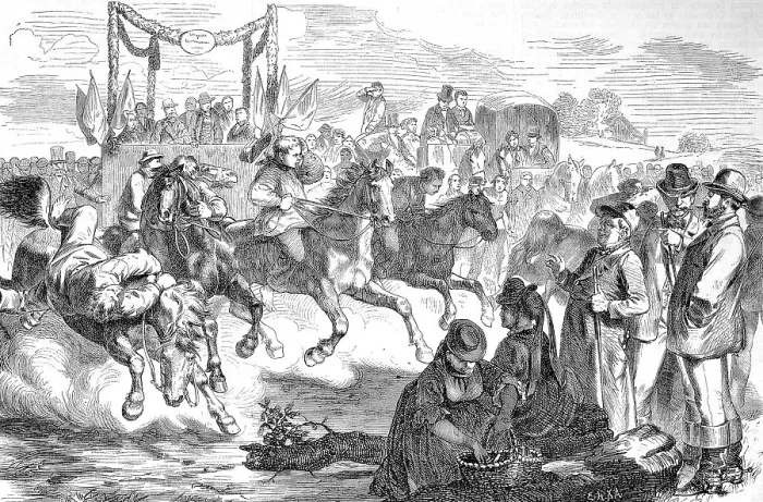 Framed Print : An agricultural festival in Mecklenburg, Germany, farmers are holding a trotting race with their horses, Historic, digitally restored reproduction of a 19th century original, exact original date unknown