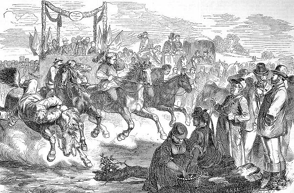 An agricultural festival in Mecklenburg, Germany, farmers are holding a trotting race with their horses, Historic, digitally restored reproduction of a 19th century original, exact original date unknown