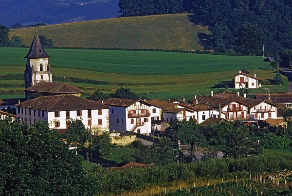 ainhoa, aquitaine, basque, buildings, day, europe, fields, france, houses, nobody