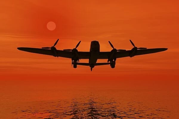 Airplane at sunset over the sea, silhouette, 3D graphics