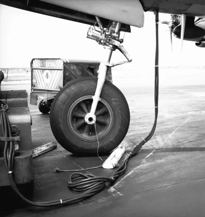 Framed Print : Airplane wheel and cables, (B&W) Framed Print : Airplane wheel and cables, (B&W)