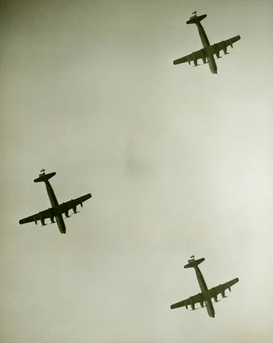 Framed Print : Three airplanes in flight, (B&W), view from below Framed Print : Three airplanes in flight, (B&W), view from below