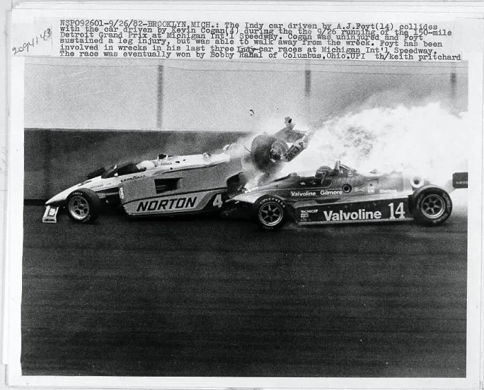 Framed Print : A.J. Foyt in Collision at Detroit Grand Prix Framed Print : A.J. Foyt in Collision at Detroit Grand Prix