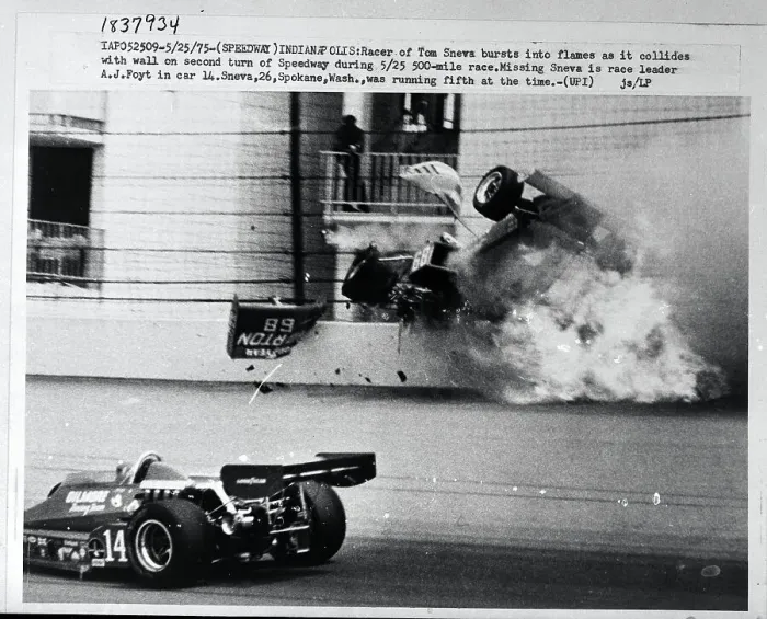 Framed Print : A.J. Foyt Passes Exploding Car Framed Print : A.J. Foyt Passes Exploding Car